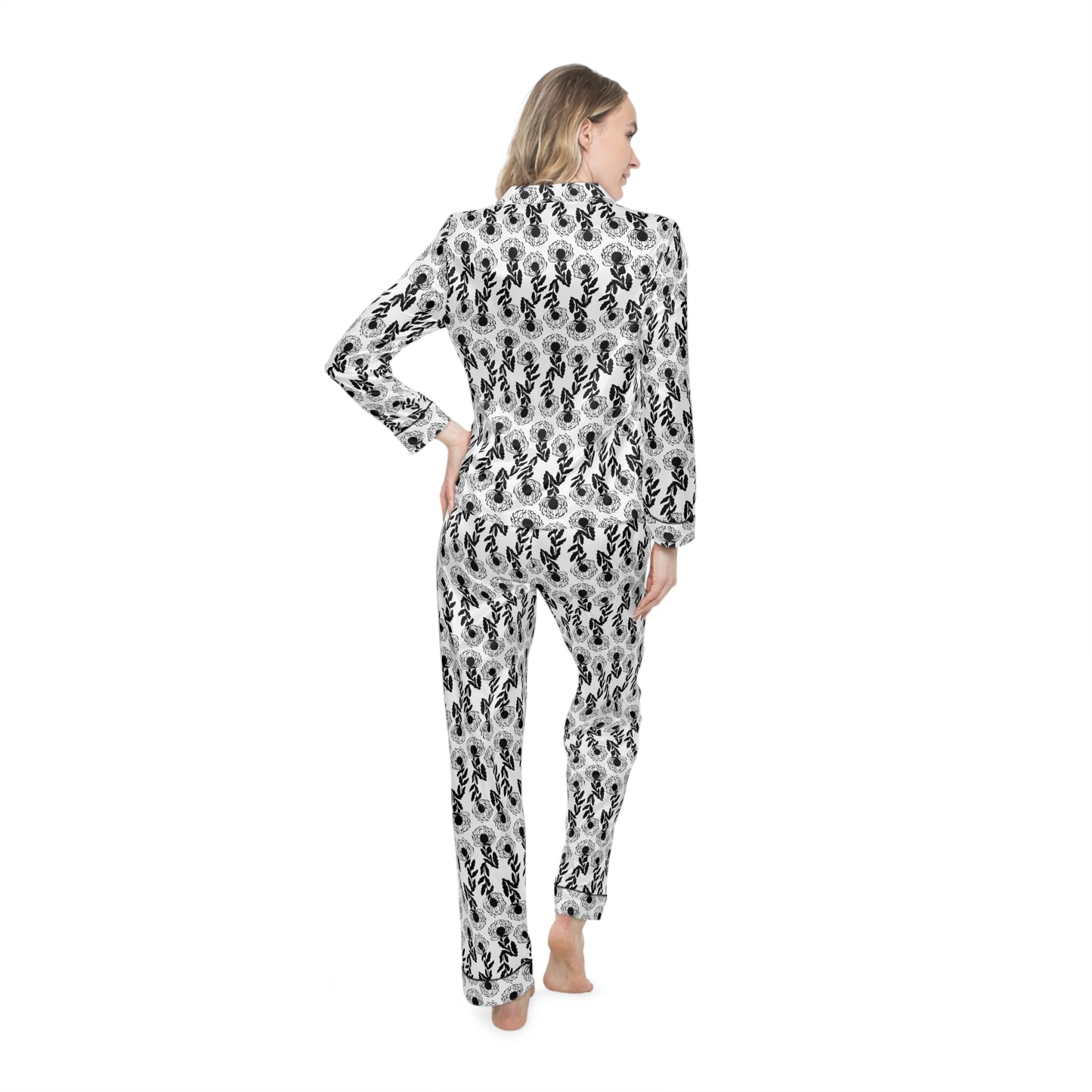 Protea-Black and white Women's Satin Pajamas (AOP)