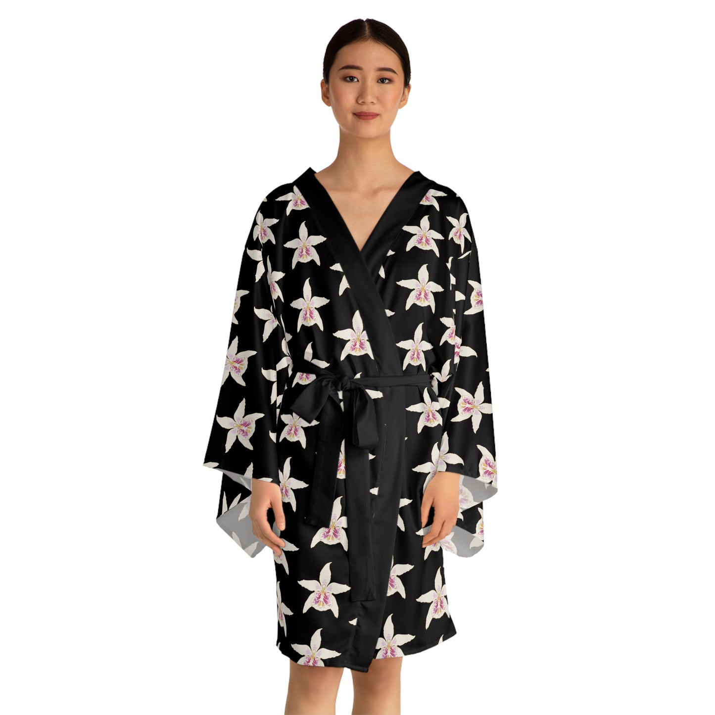 Orchid-White- Long Sleeve Kimono Robe (AOP)